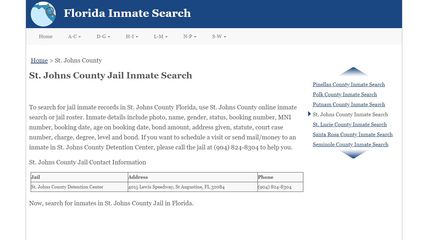 St. Johns County FL Jail Inmate Search